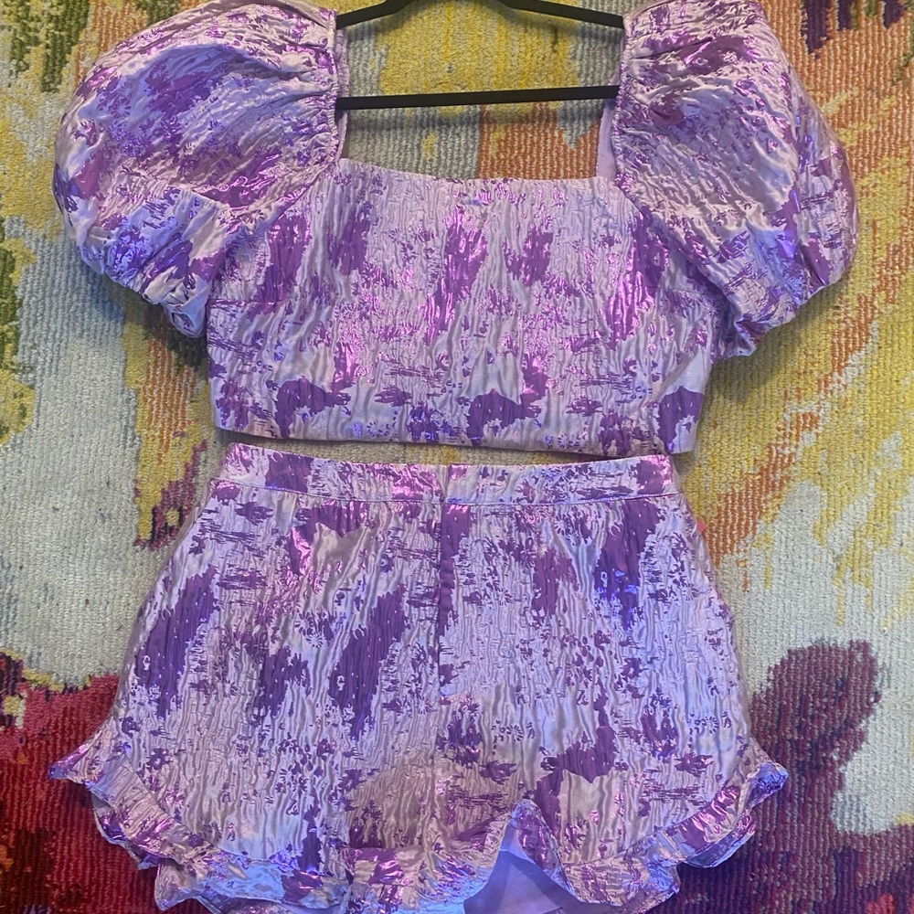 Purple Metallic Puff Sleeve Top and Shorts Set